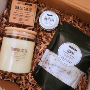 the calm and cozy collection - handcrafted soap bar, candle, sugar scrub and soaking saltss