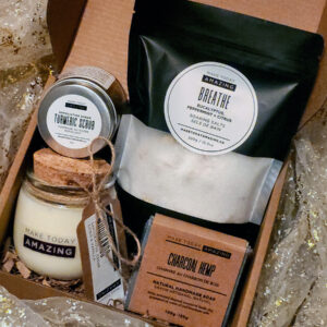 For Him Self Care Gift Package includes Woodlands Candle, Breathe Soaking Salts, Charcoal Hemp Natural Soap Bar and Turmeric Sugar Scrub