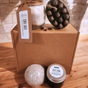 Coffee Fanatic Gift Package includes cafe late candle, coffee soap scrub, coffee bath bomb, coffee scrub