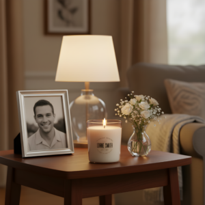 In Loving Memory Candle sits atop a side table in a living room with a photo of the loved one.