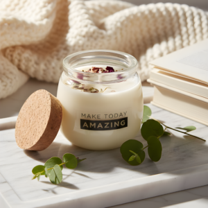 small white soy candle with cotton wick and dried flowers with cork lid sitting atop a marble counter with linen in the background